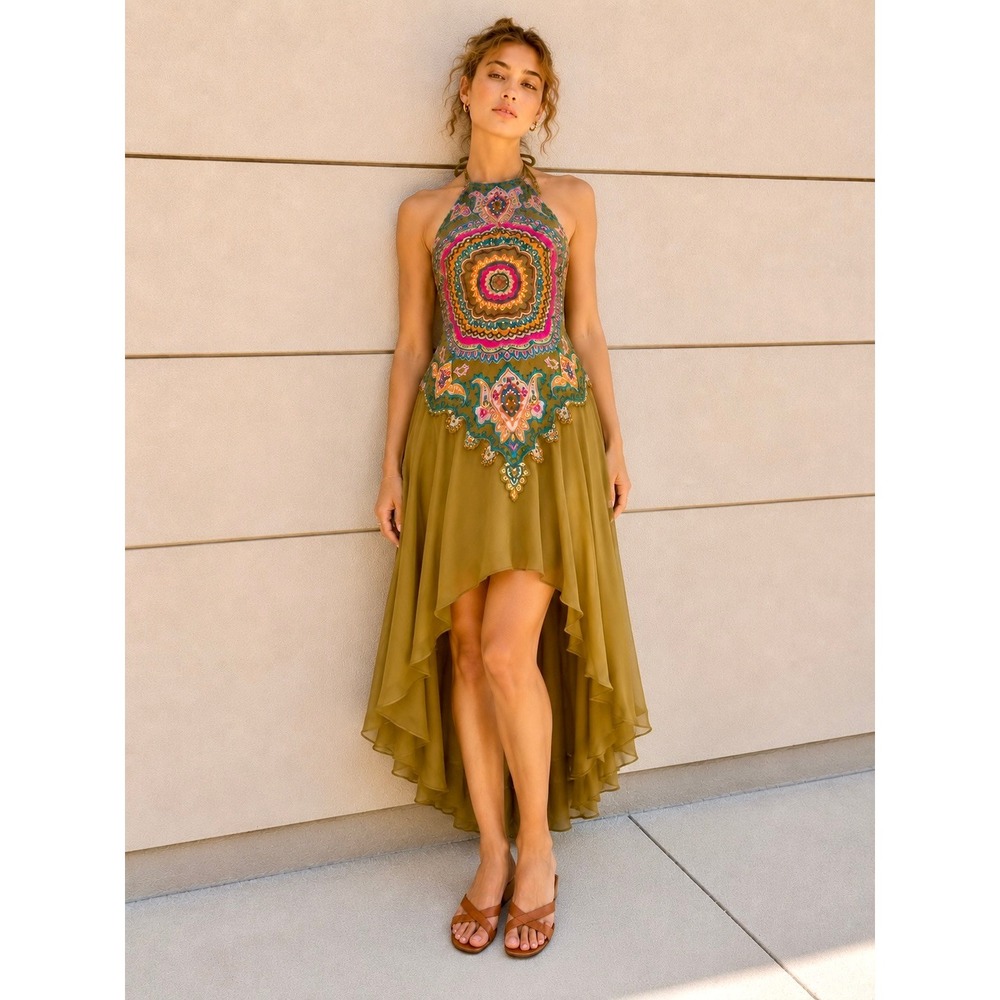 Vintage Green Chiffon Dress Y2K Boho Mandala Rhinestone Small‎ High Low Halter